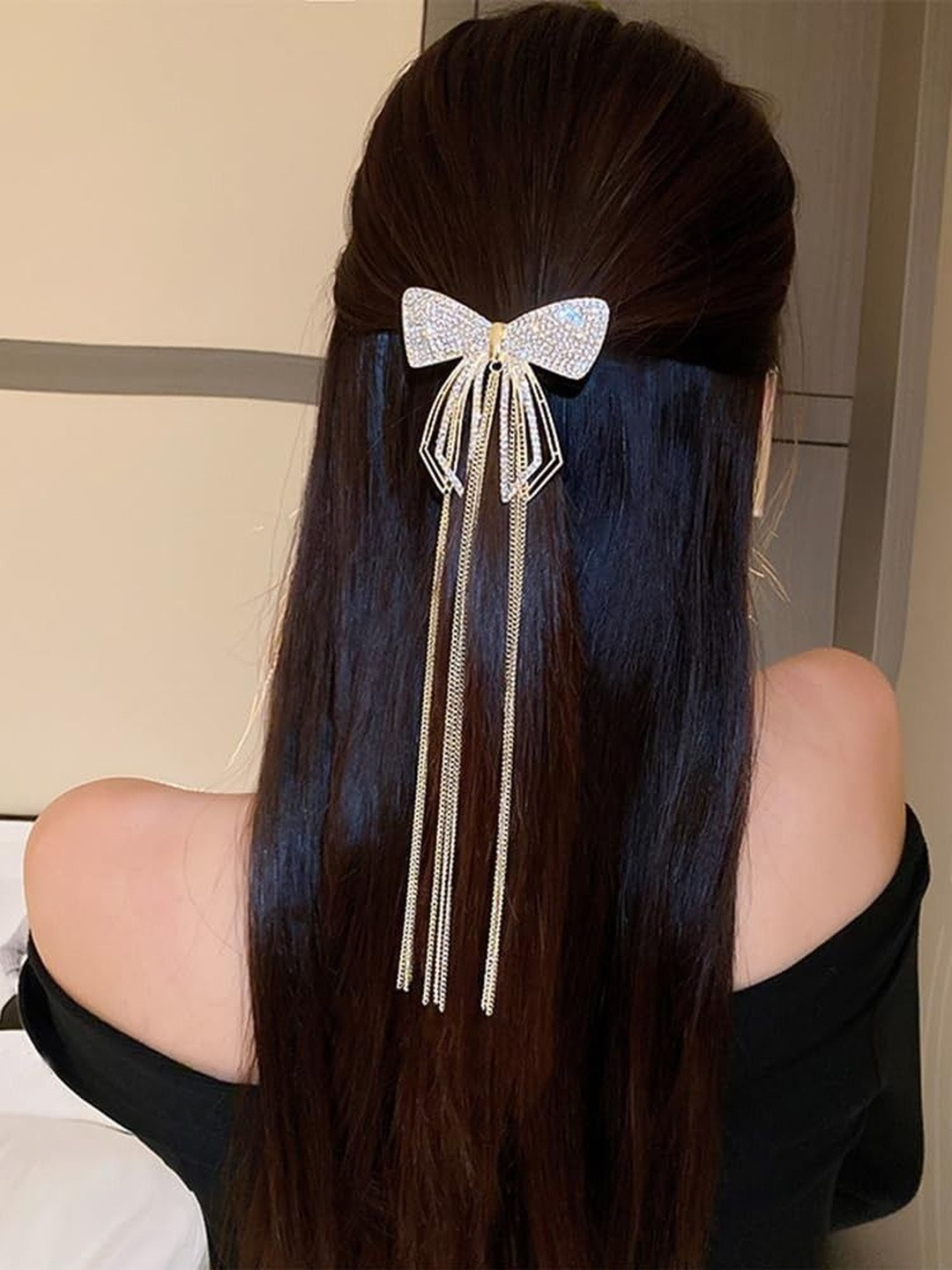 DIVASTRI Women Gold-Toned Crystal Bow Hair Clip with Long Tassel Chains