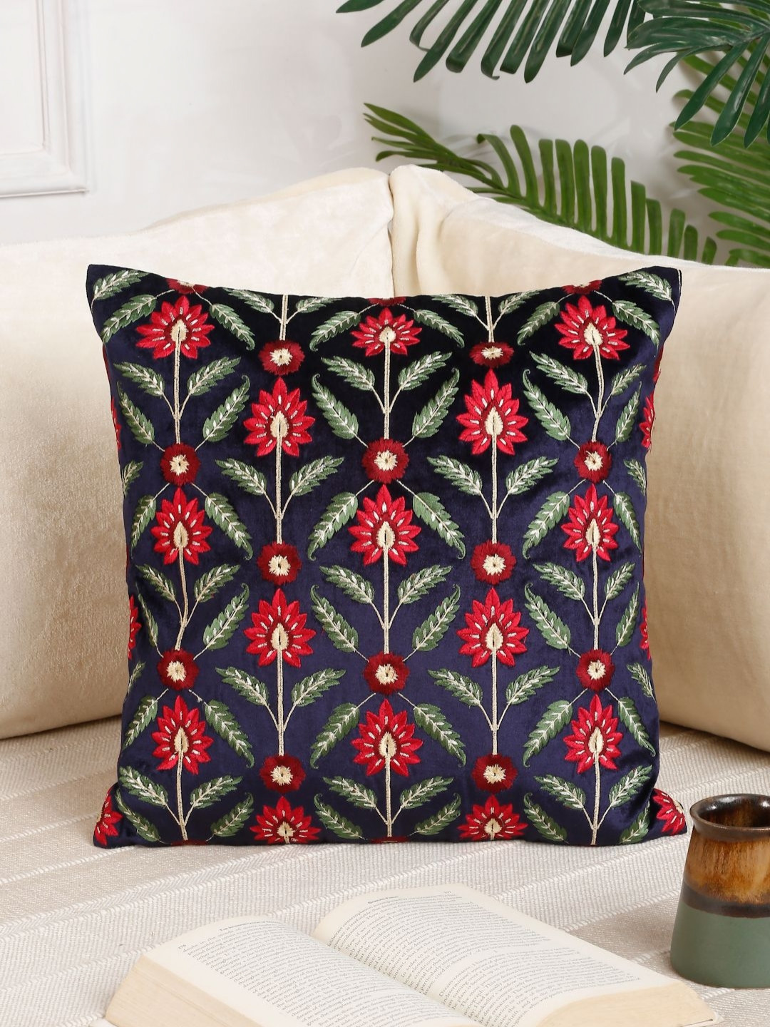 NISRAG HOME Navy Blue & Green Floral Velvet Square Cushion Covers