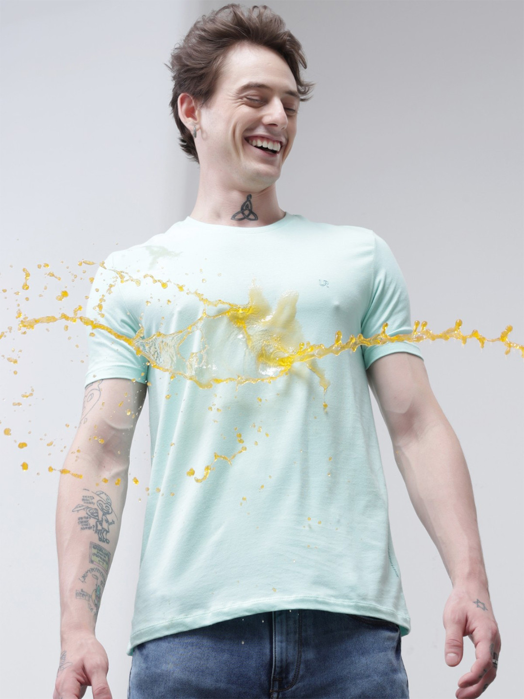 TURMS Men Solid Crew Neck Half Sleeves Stain And Water Repellent Cotton Tshirt