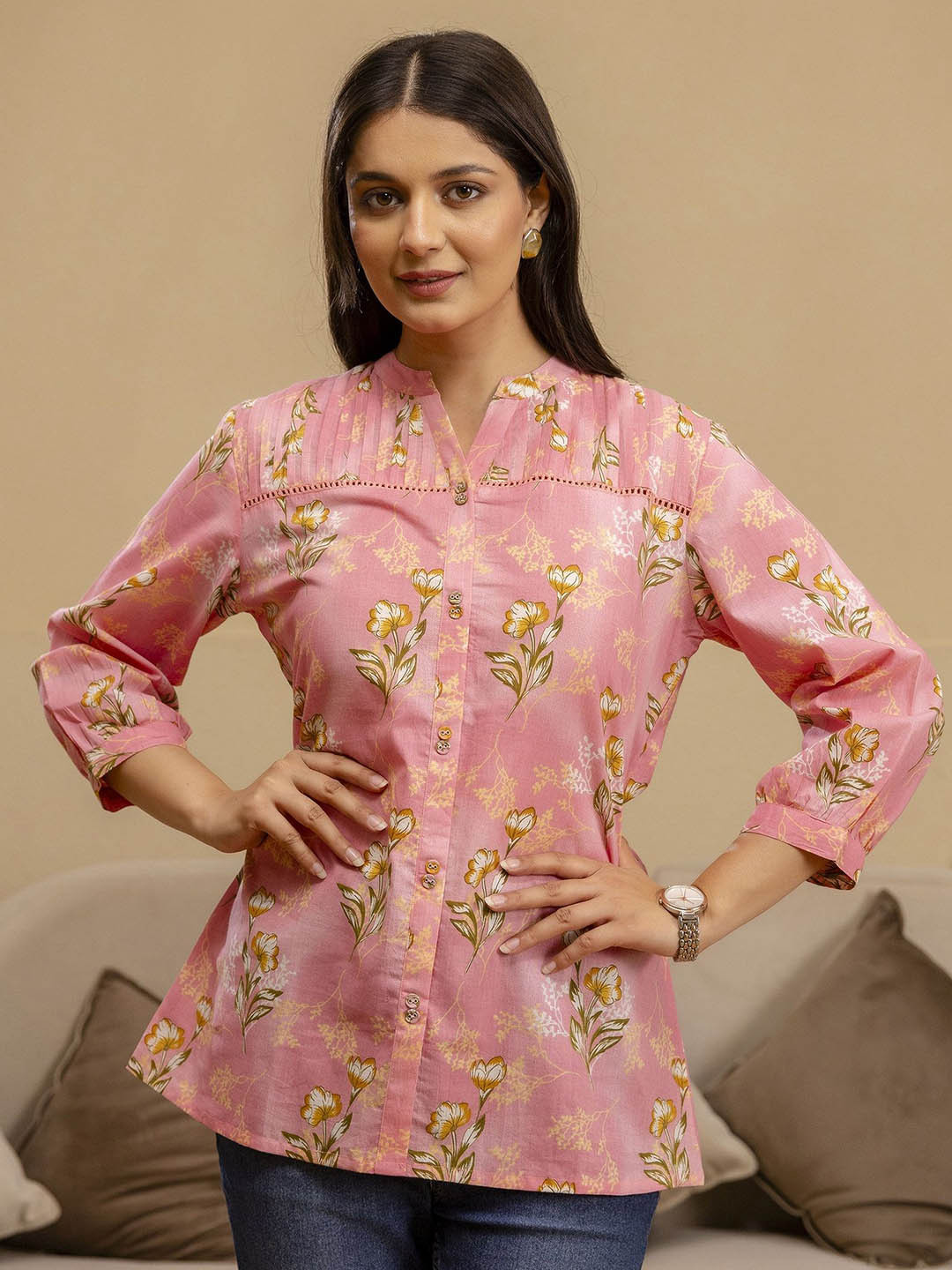 NG FASHION Ethnic Motifs Printed Cuff Sleeves Cotton Shirt Style Top