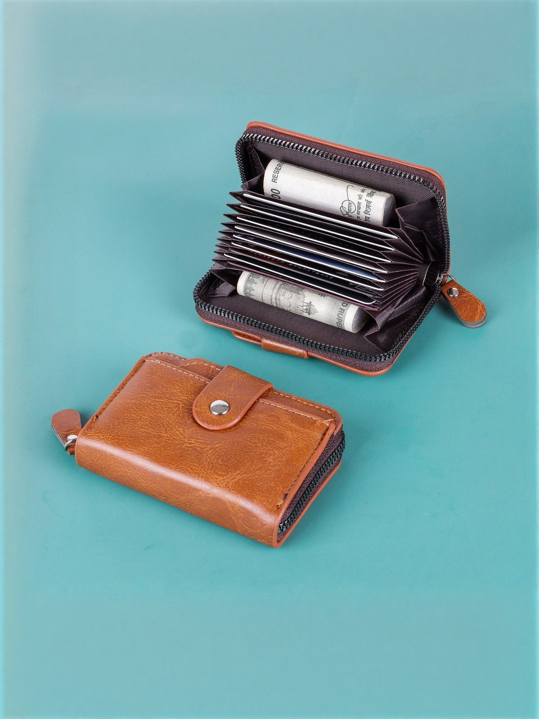 LAKSH Unisex Brown Solid Zip Detail Leather Card And Money Holder Wallets