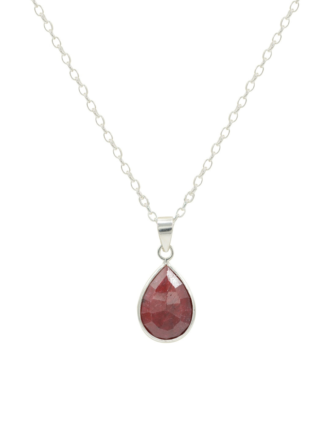 FUSIONARI Teardrop Shaped 925 Sterling Silver Ruby Pendant With Chain