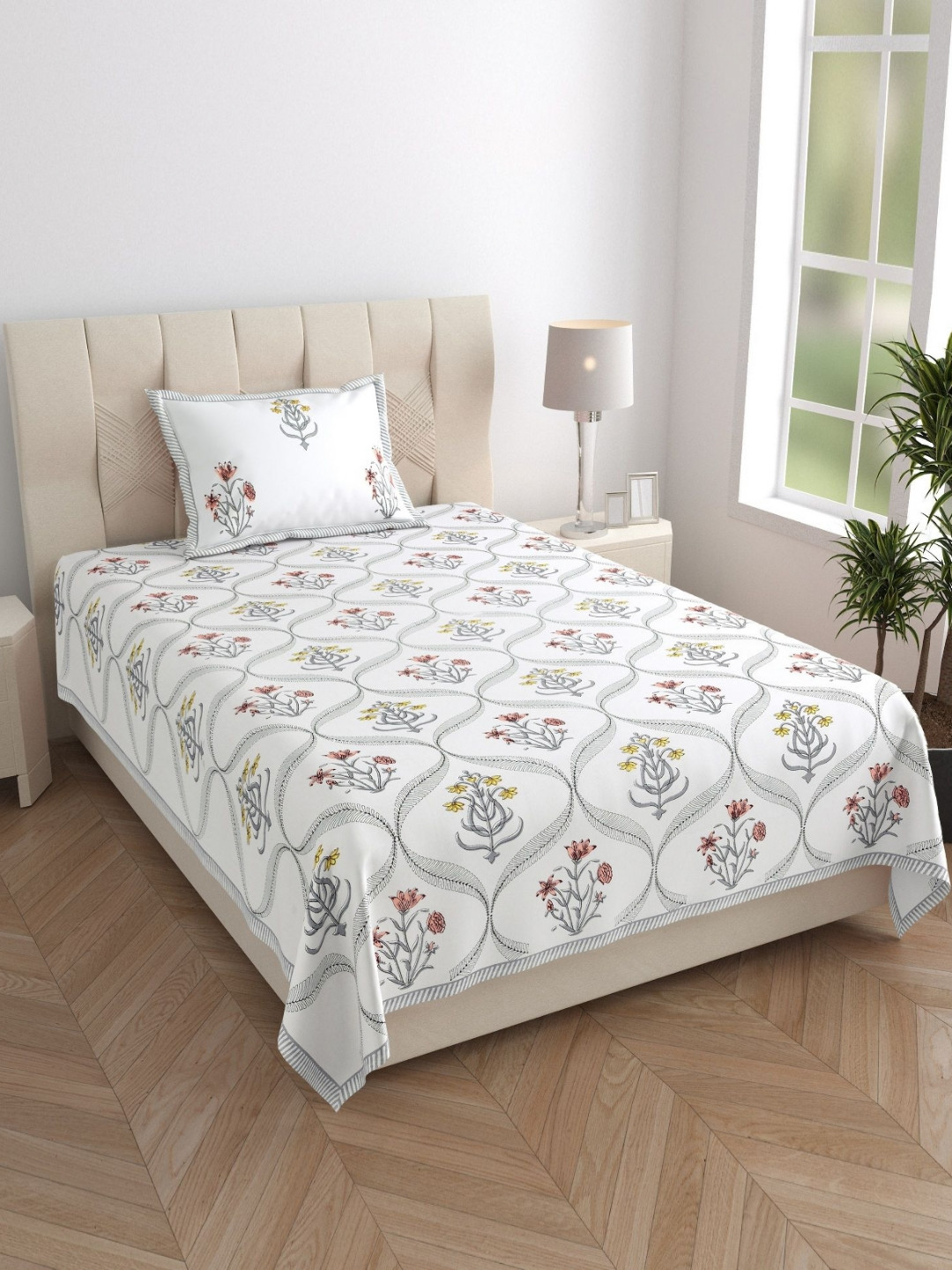 Texstylers White Floral Printed 210 TC Pure Cotton Single Bedsheet Set- 1.52 m X 2.29 m
