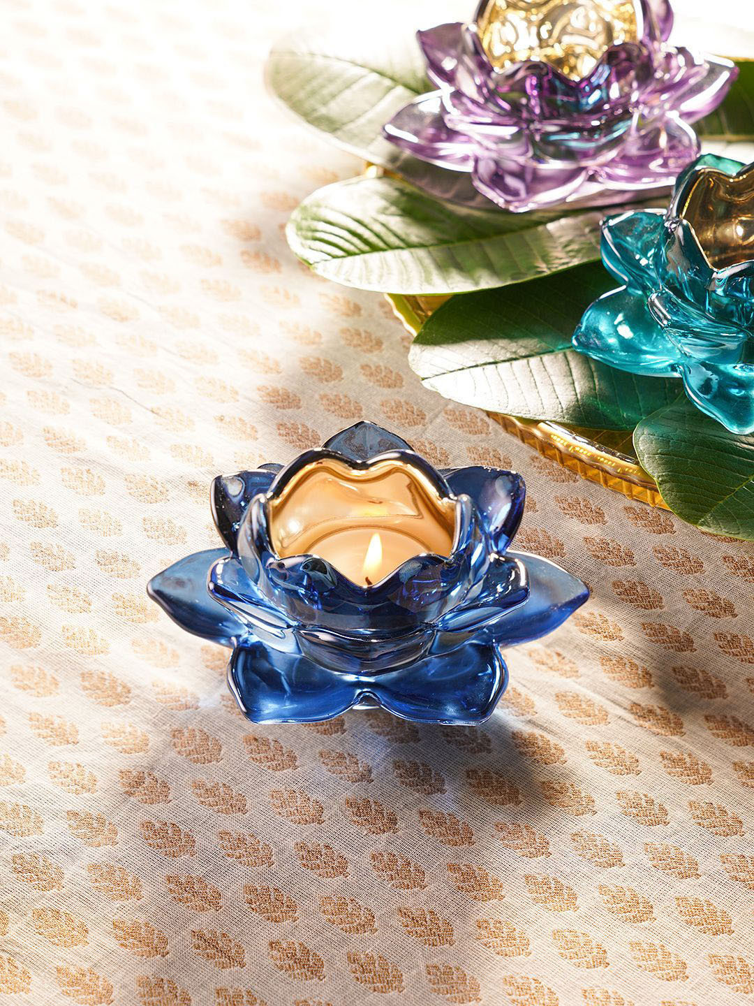 Pure Home and Living Navy Blue 2 Pieces Lotus Shaped Glass Tealight Candle Holders