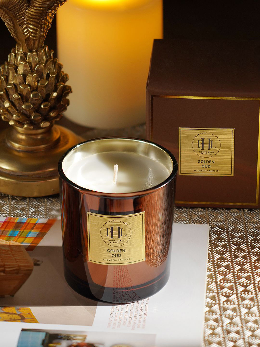 Pure Home and Living Garden Oud Brown & Gold Toned Printed Scented Jar Candle