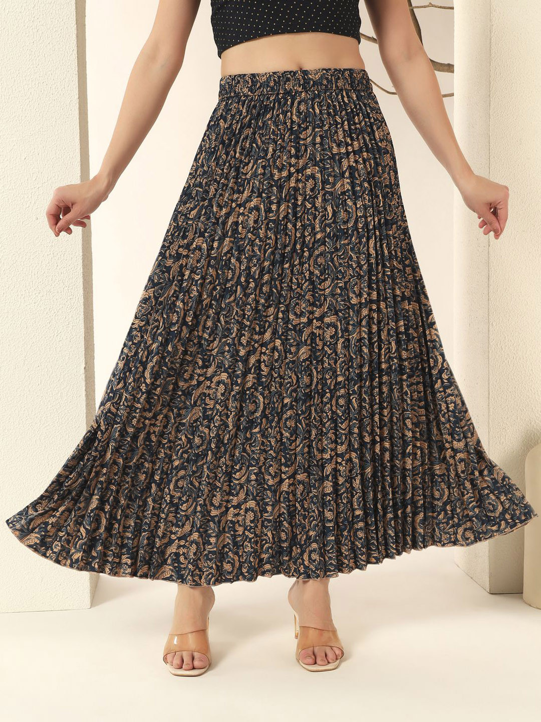 ZWERLON Floral-Printed Full-Length A-Line Pleated Skirt