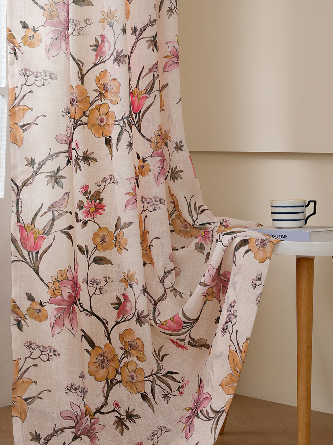 Story@home Cream-Coloured & Purple Floral Sheer Long Door Curtain