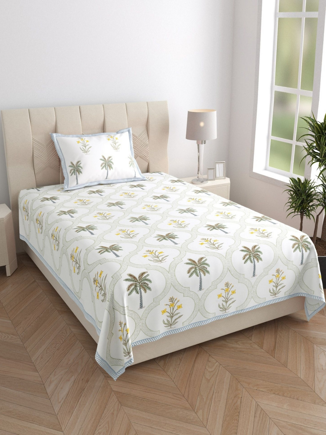 Texstylers White Floral Printed 210 TC Pure Cotton Single Bedsheet Set- 1.52 m X 2.29 m