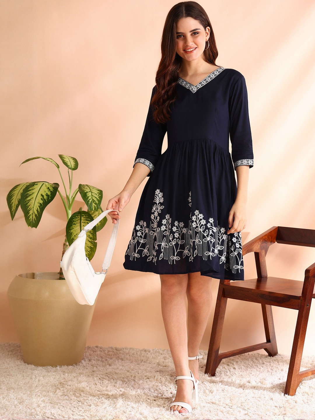 Moda Rapido Women Blue Embroidered Viscose Rayon Fit and Flare Dresses