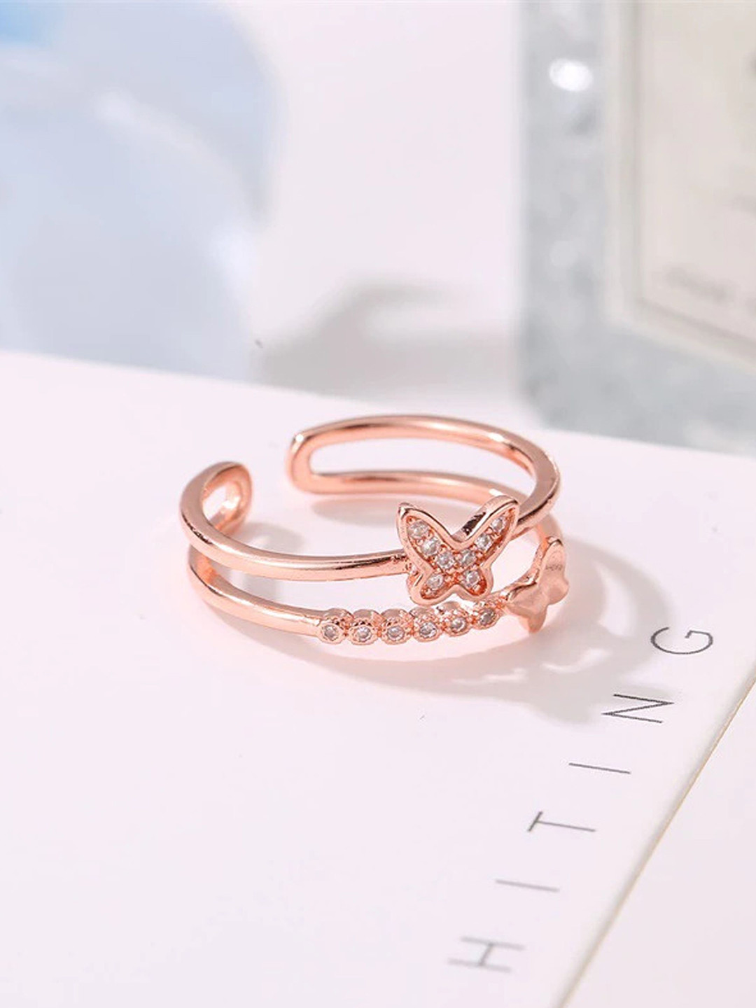 Thrillz Stainless Steel Rose Gold-Plated Artificil Stones Studded Finger Ring