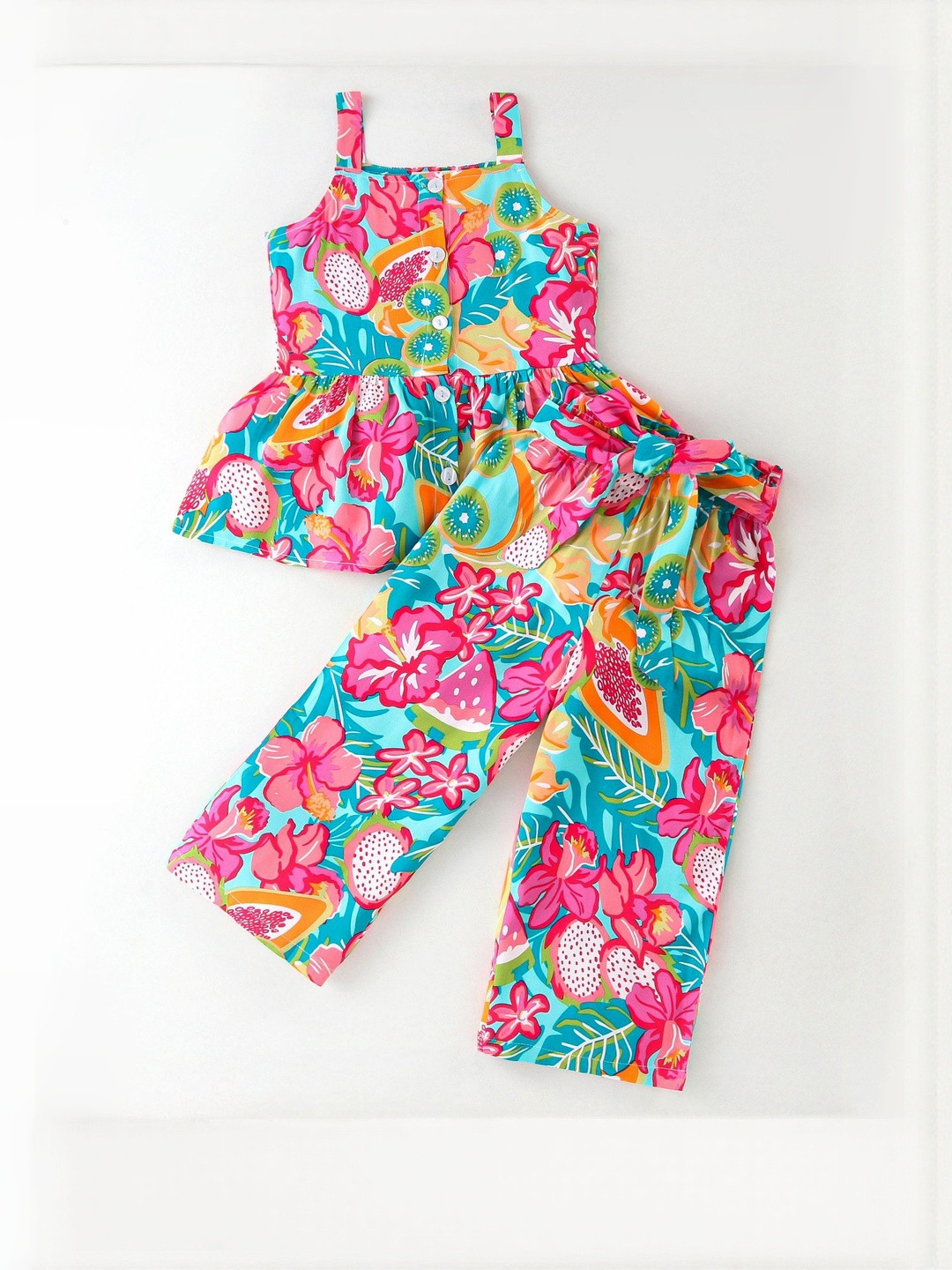 Leons Fab Girl Rayon Multicolor Flower Printed Top with Bottom Sets