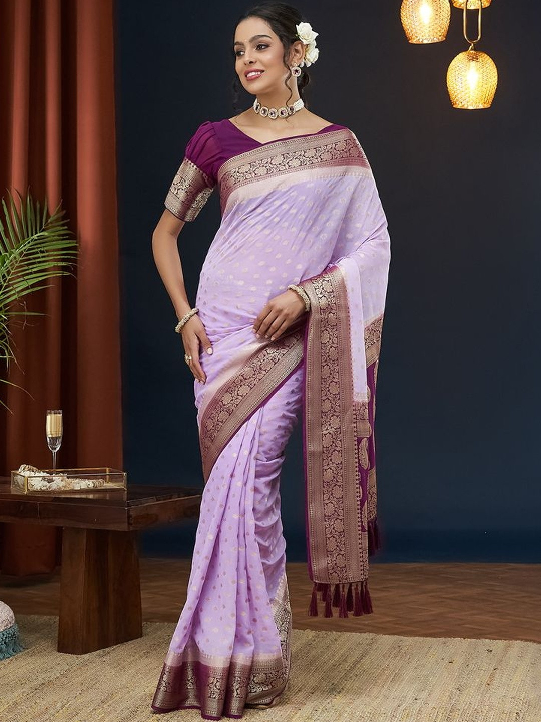 HERE&NOW Lavender Woven Design Nylon Sarees