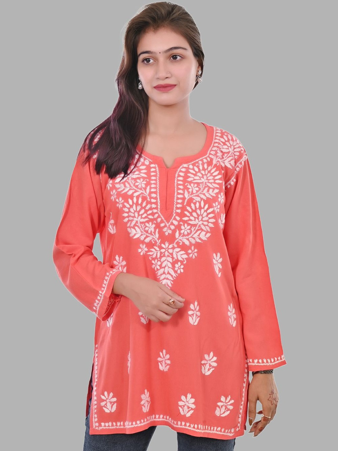 MALABIS Women Coral & White Ethnic Motifs Short Chikankari Kurthi
