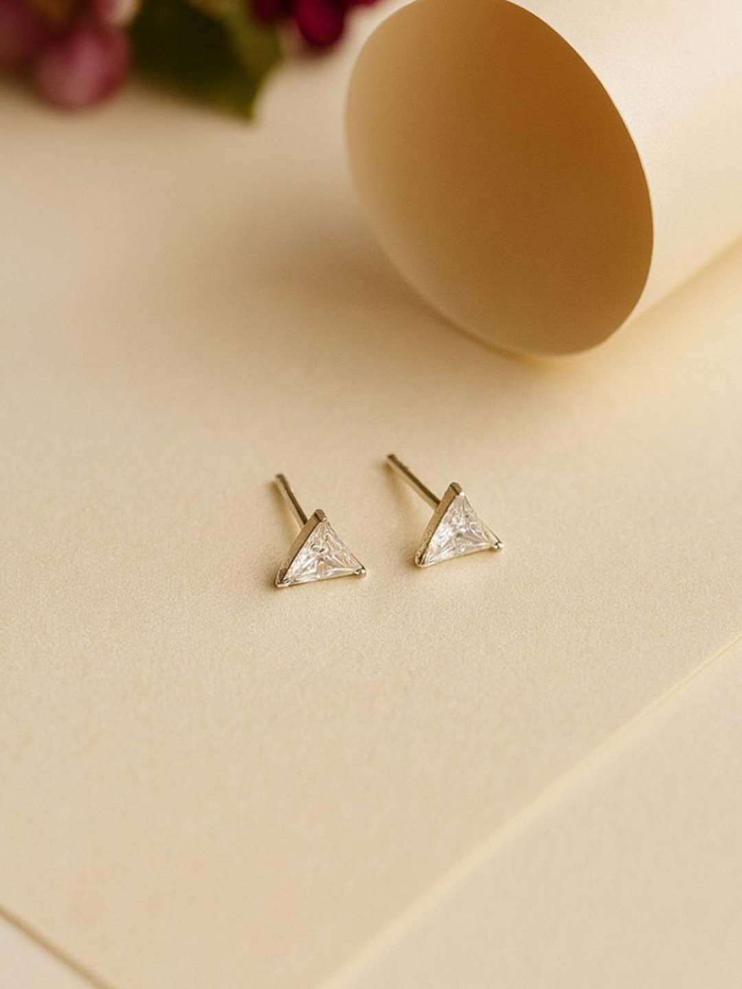 The Jewellery Tale Stainless Steel Silver-Plated Cubic Zirconia Studded Triangular Studs