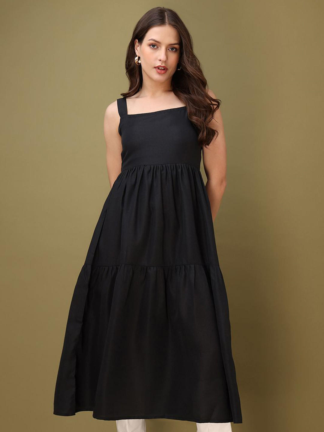 PURVAJA Women Solid Black Cotton Fit and Flare Dress With Shoulder Strap