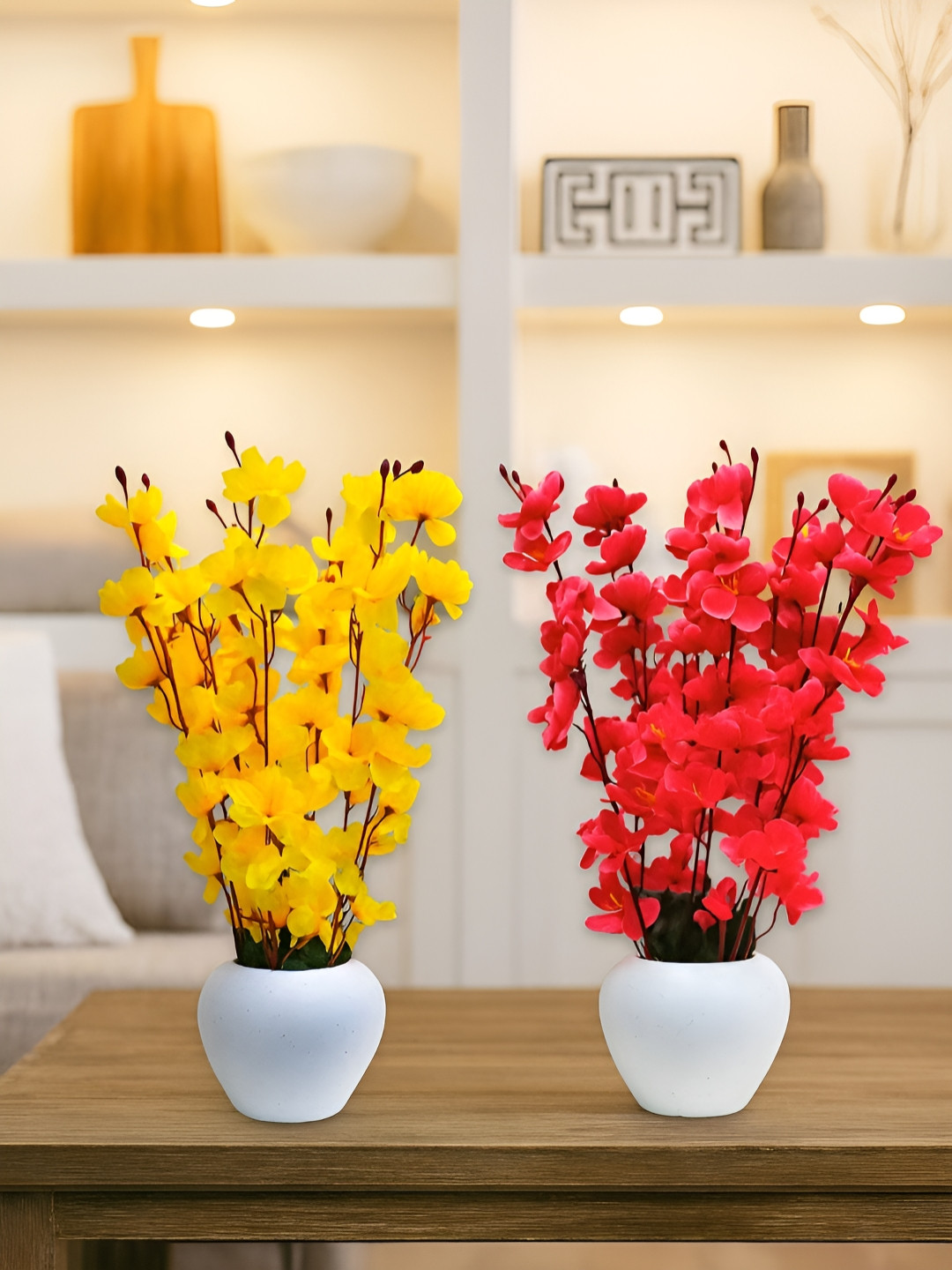ARTSY Red And Yellow 2 Pieces Blossom Artificial Flowers With Pot