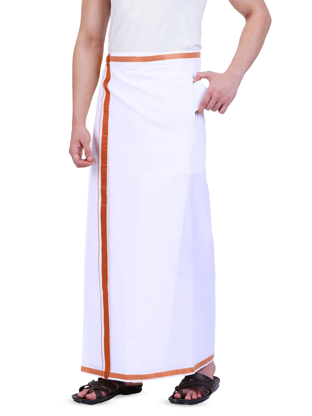 PRAKASAM COTTON Men Stitched White Dhoti With Copper Jari Border