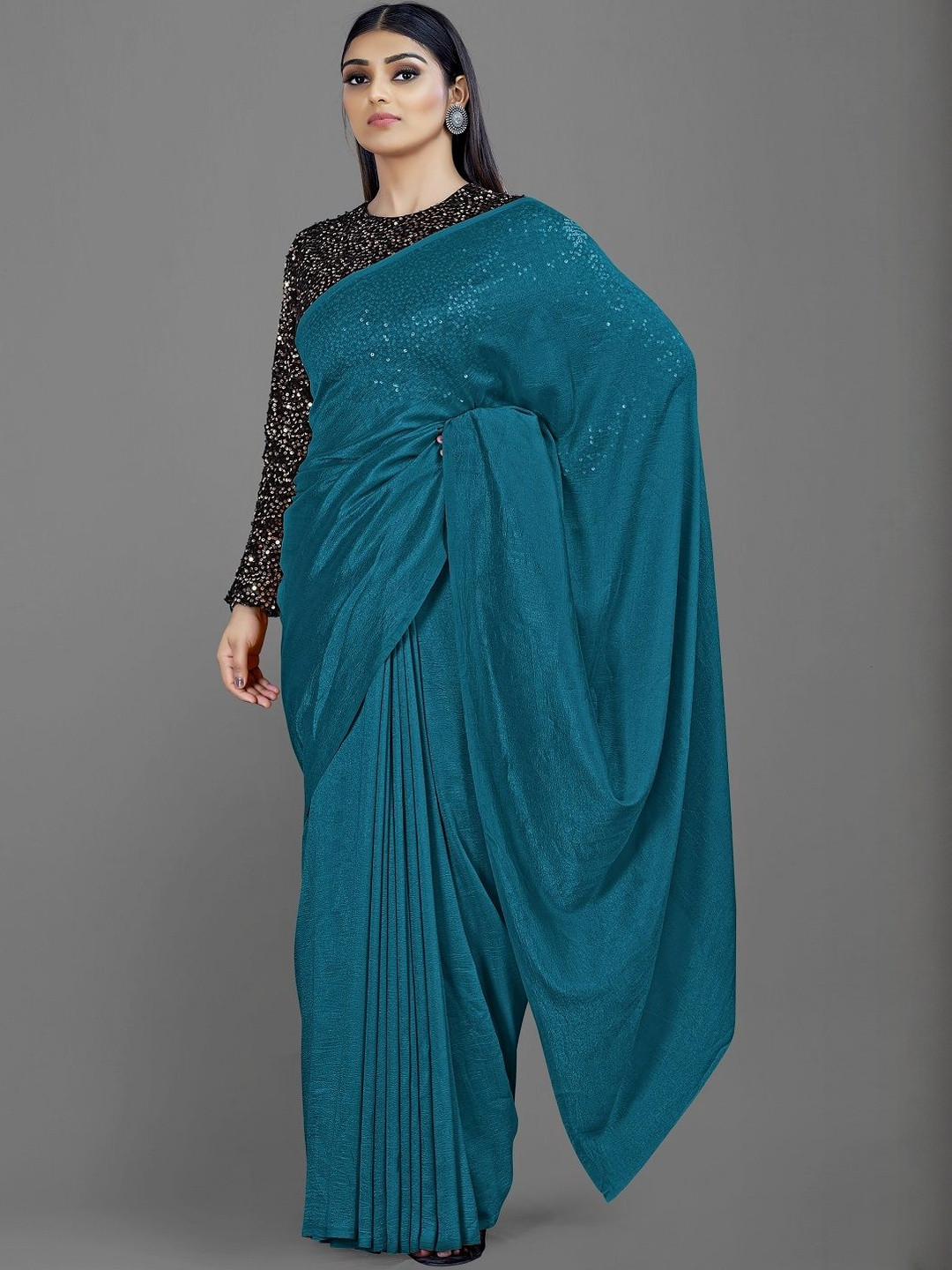 KALINI Teal Solid Poly Chiffon  Sarees