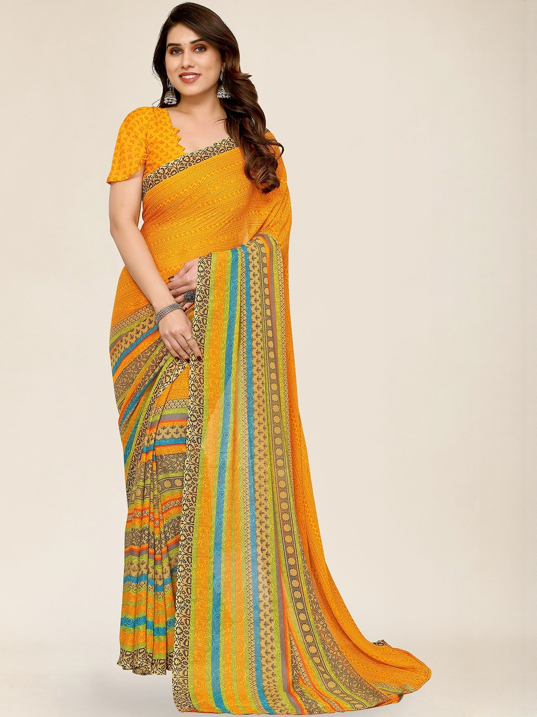 Moda Rapido Yellow Printed Poly Georgette Sarees