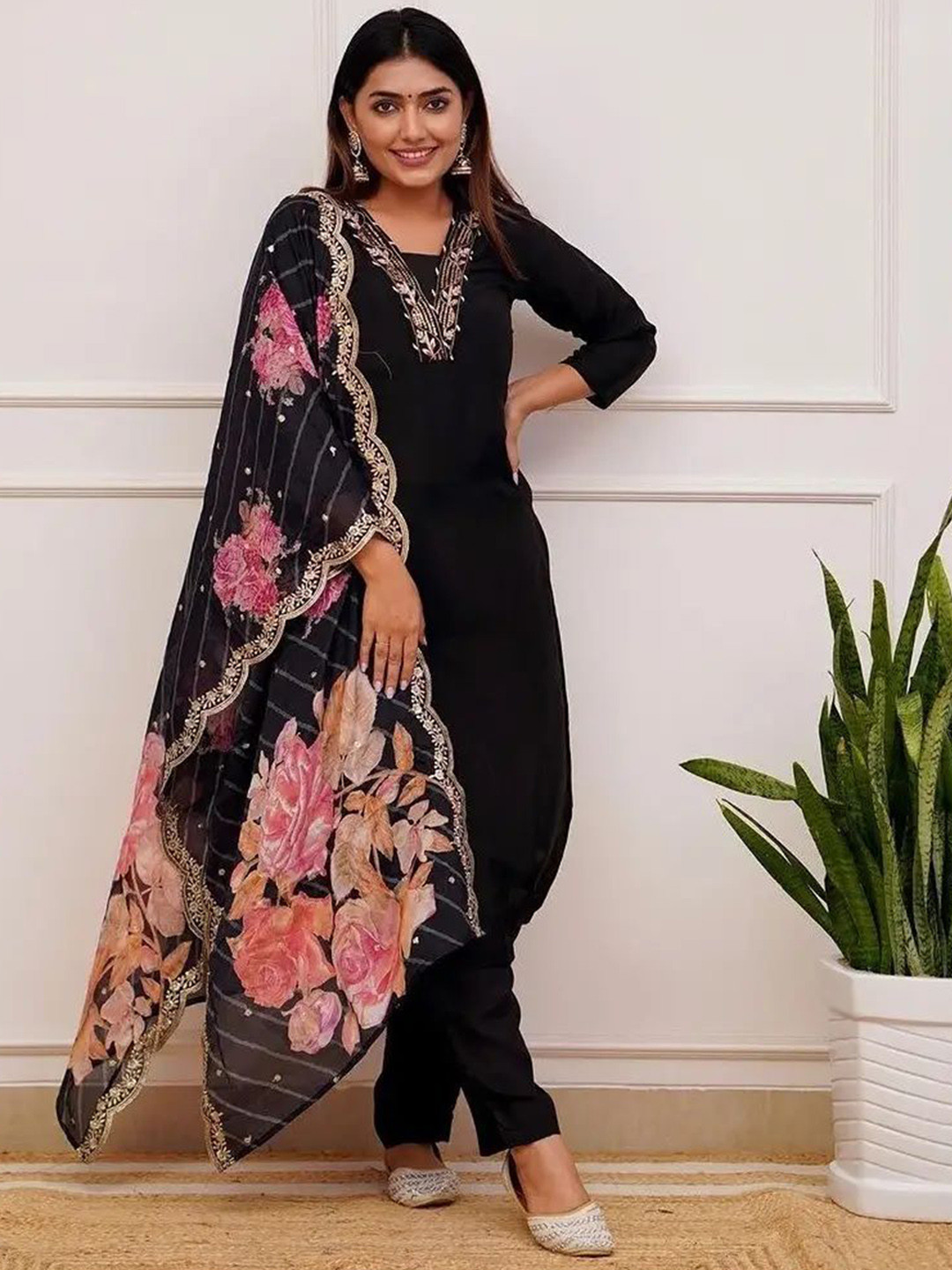 2ni8 lifestyle Embroidered V-Neck Sequinned Straight Kurta With Trousers & Dupatta