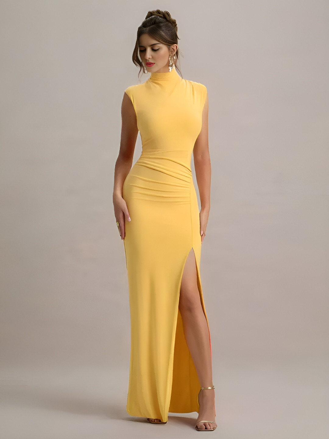 TRAQUILA Women High Neck Side Slits Bodycon Maxi Dress