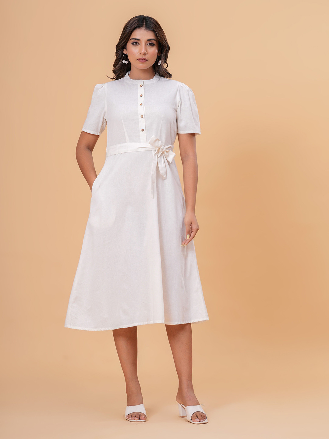 Garin Cotton Linen Puff Sleeve Midi Dress