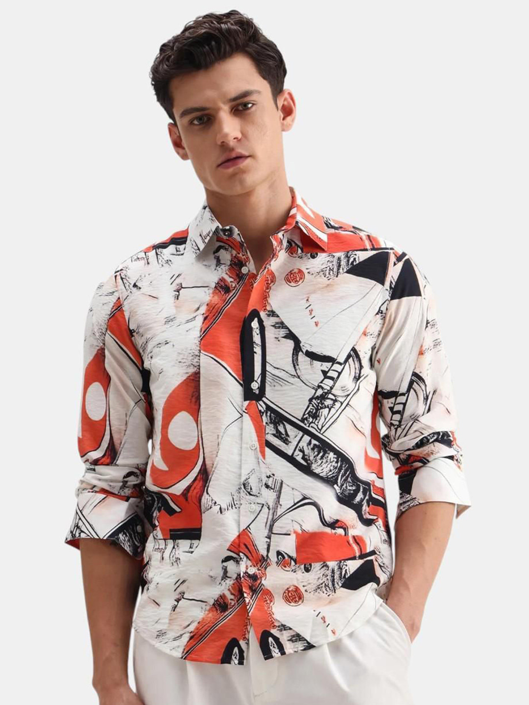 RARE RABBIT Men Comfort Fit Abstract Printed Spread Collar Casual Shirt