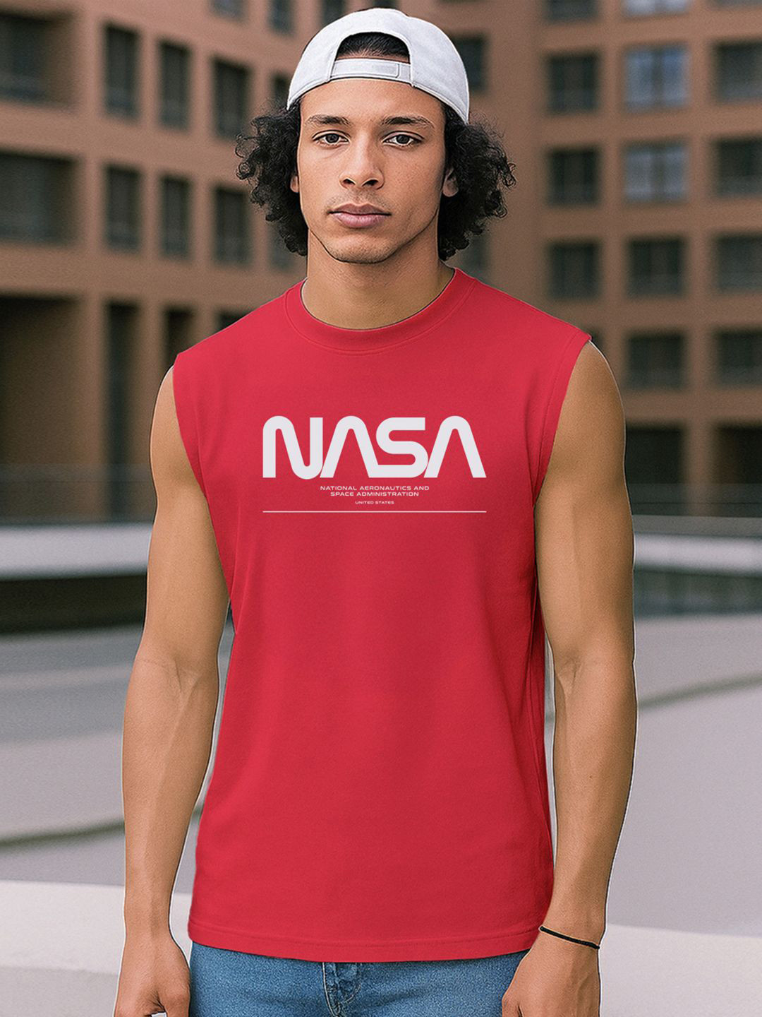 Bewakoof Official Nasa Merchandise Men Bold Red Spaced Nasa Typography Boxy Fit Vest