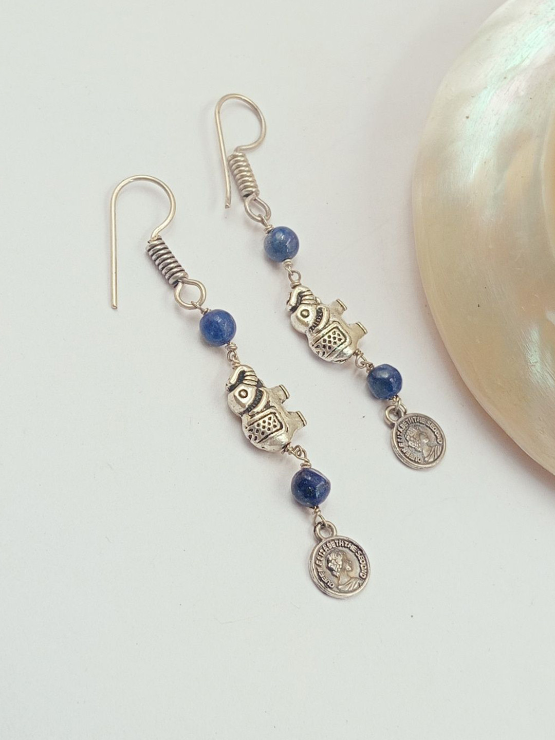 Shrim jewels Brass-Plated Lapis Lazuli Beaded Animal Shaped Oxidised Drop Earrings