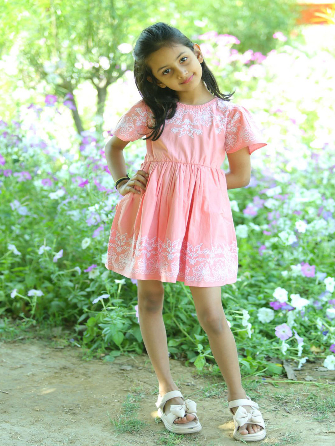 LH LUXURY FASHION Girls Floral Embroidered Cotton Fit & Flare Dress