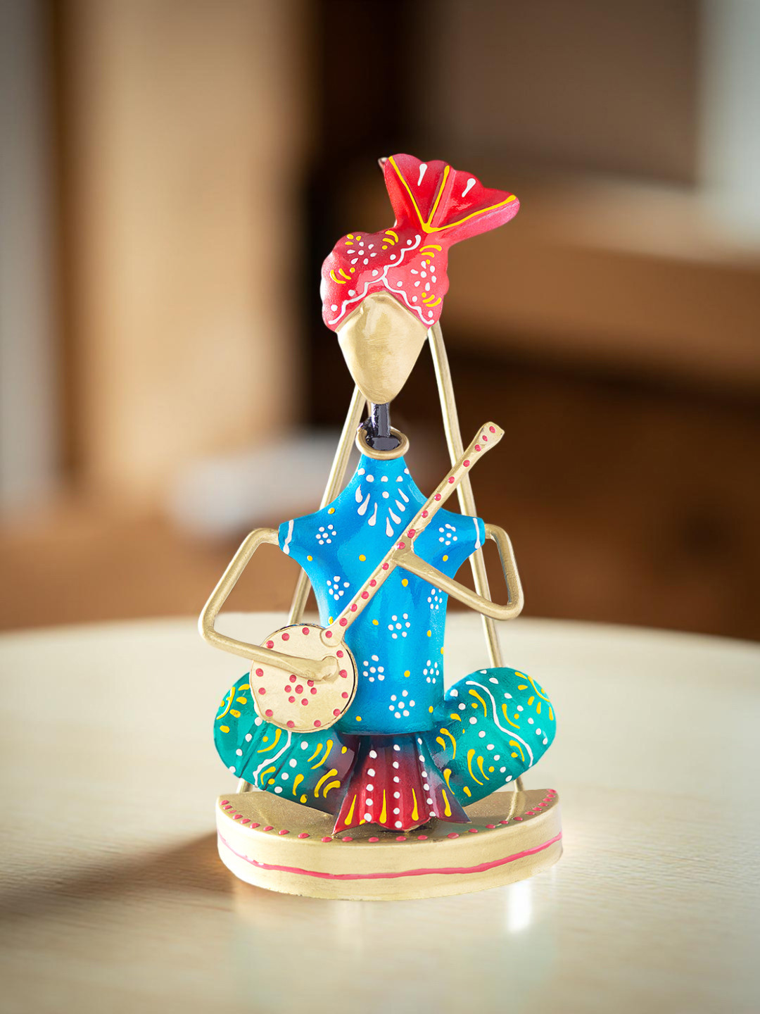 Golden Peacock Blue and Green Musican Figurine Showpiece