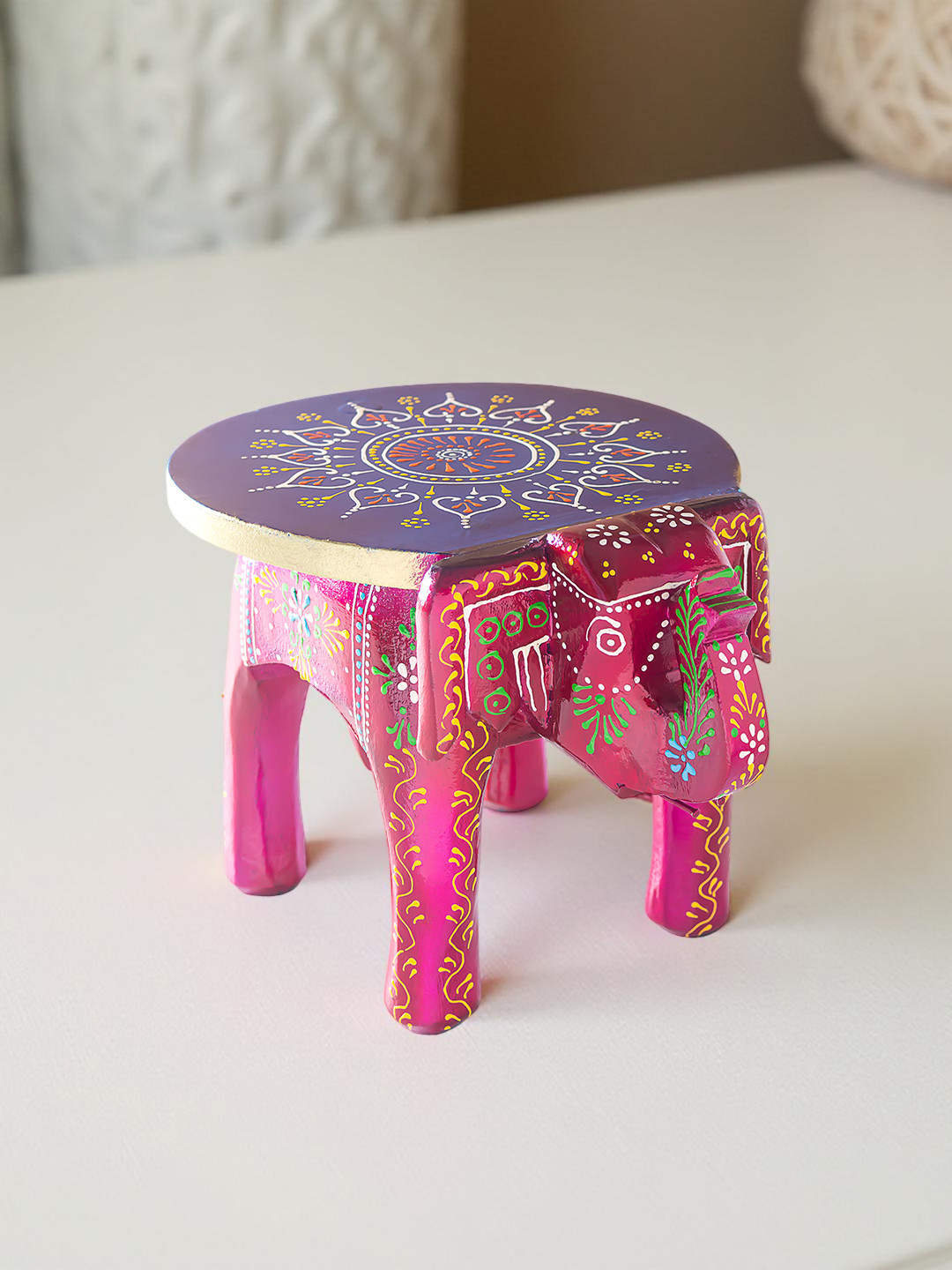 Golden Peacock Pink & Violet Elephant Stool Showpiece