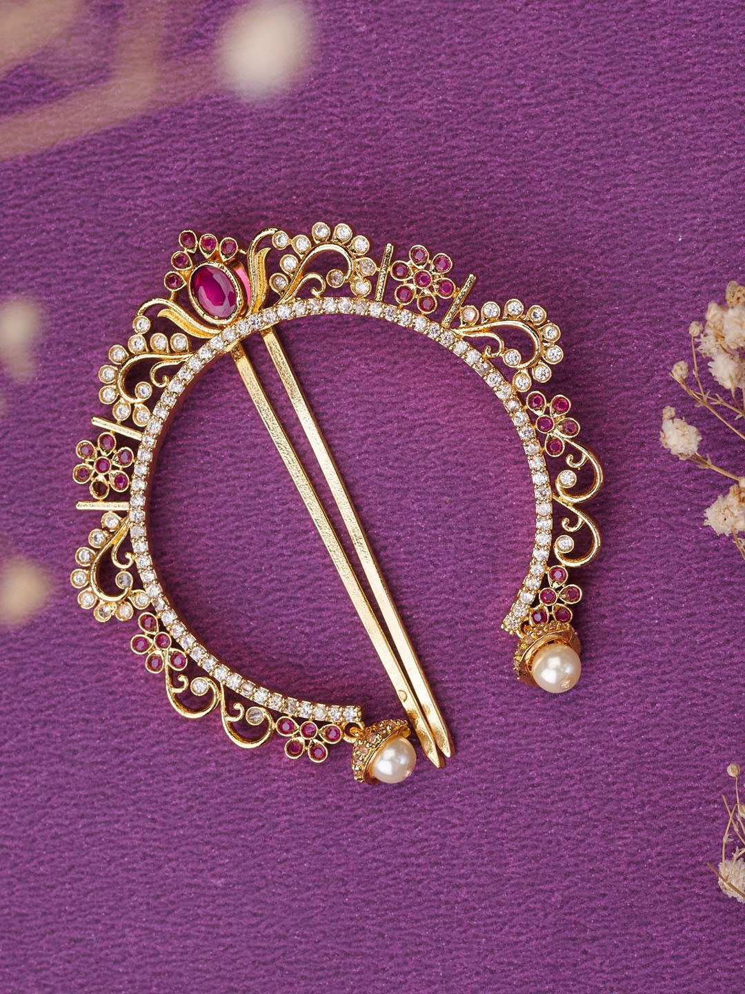 Opal Touch Gold-Plated American Diamond Studded And Beaded Bun Pin