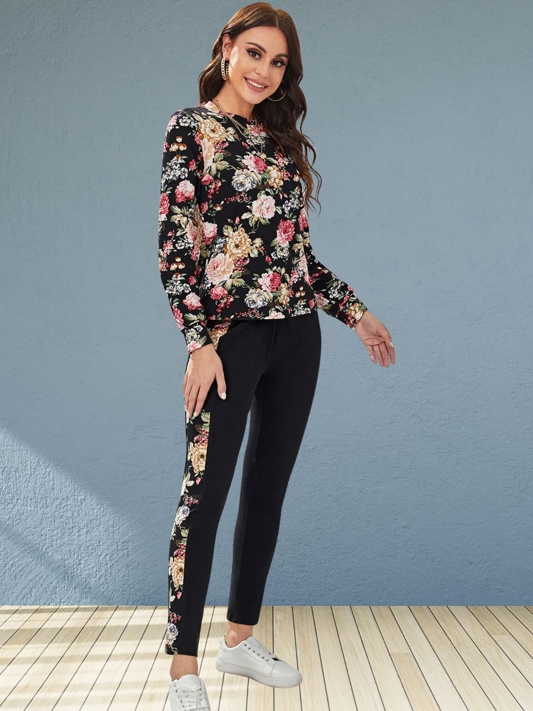 Moda Rapido Women Black Cotton Lycra Blend Styled With Floral Print Tracksuit