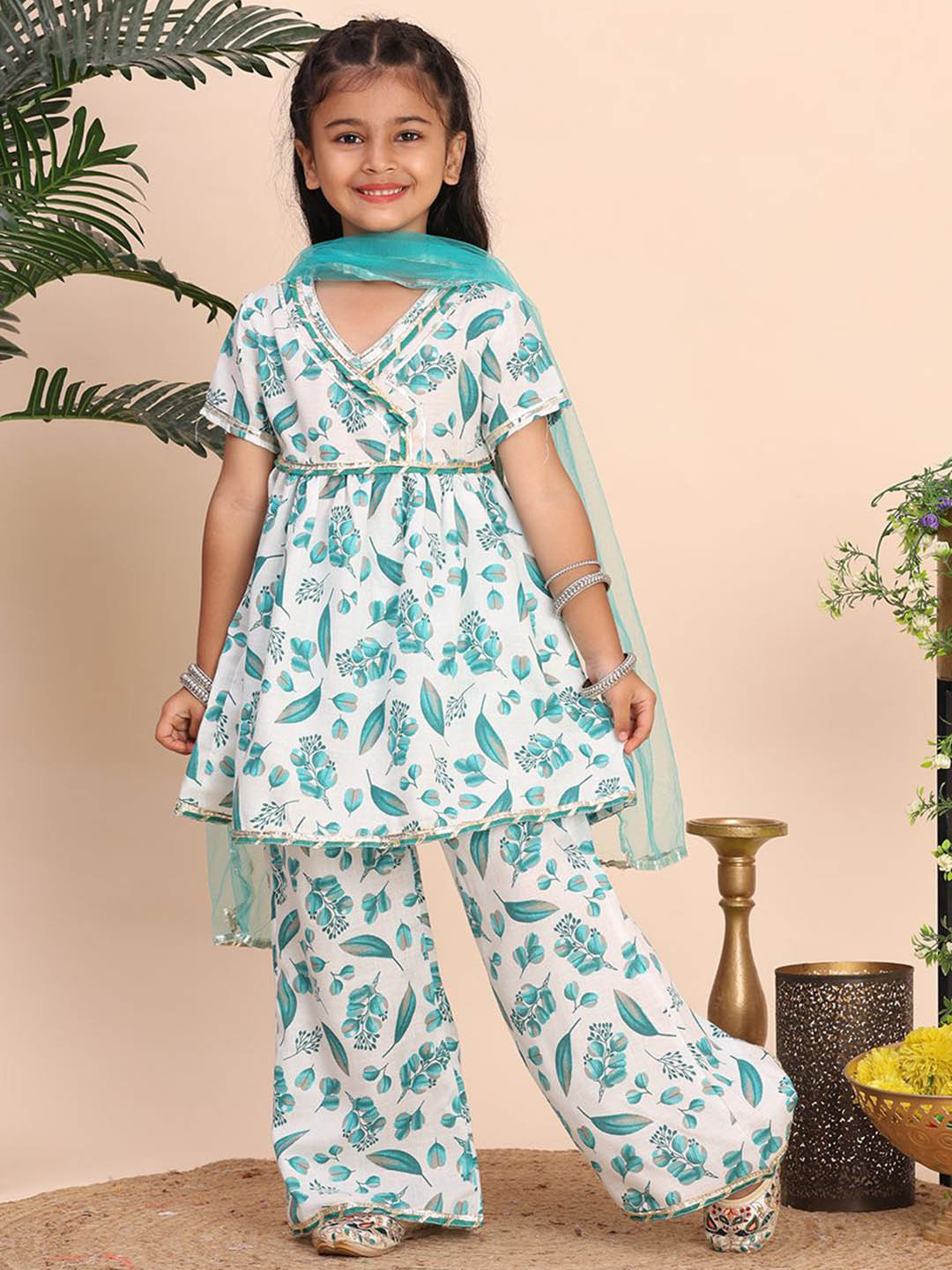 Cutiekins Girls Floral Printed A-Line Kurta with Trouser & Dupatta