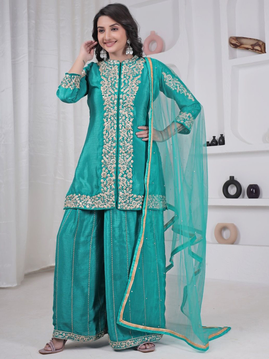 SHREEPAD ENTERPRISE Women Embroidered Regular Kurta with Palazzos & Dupatta