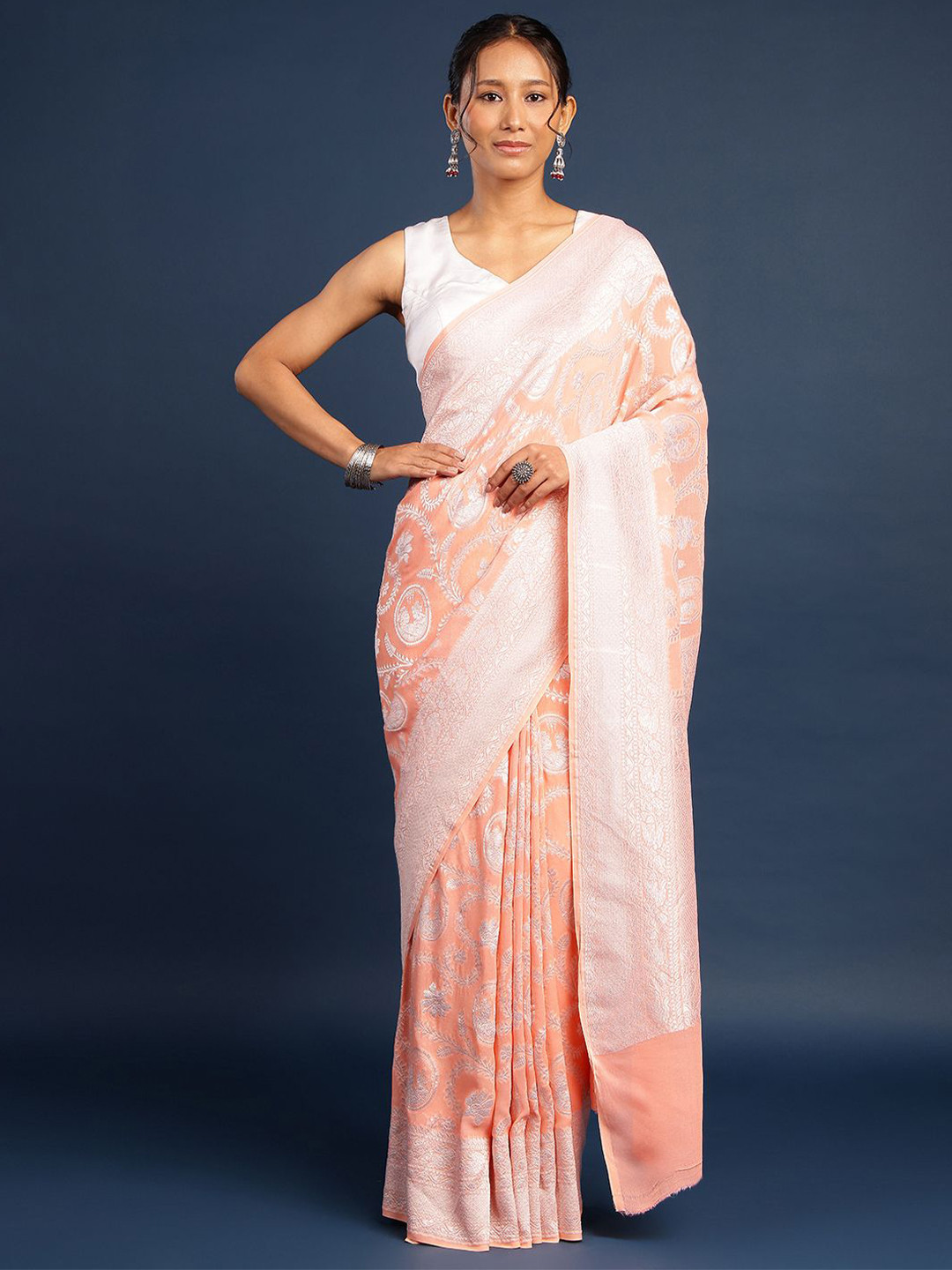 SAREESHADOW Peach Khaddi Georgette Banarasi Silk Saree