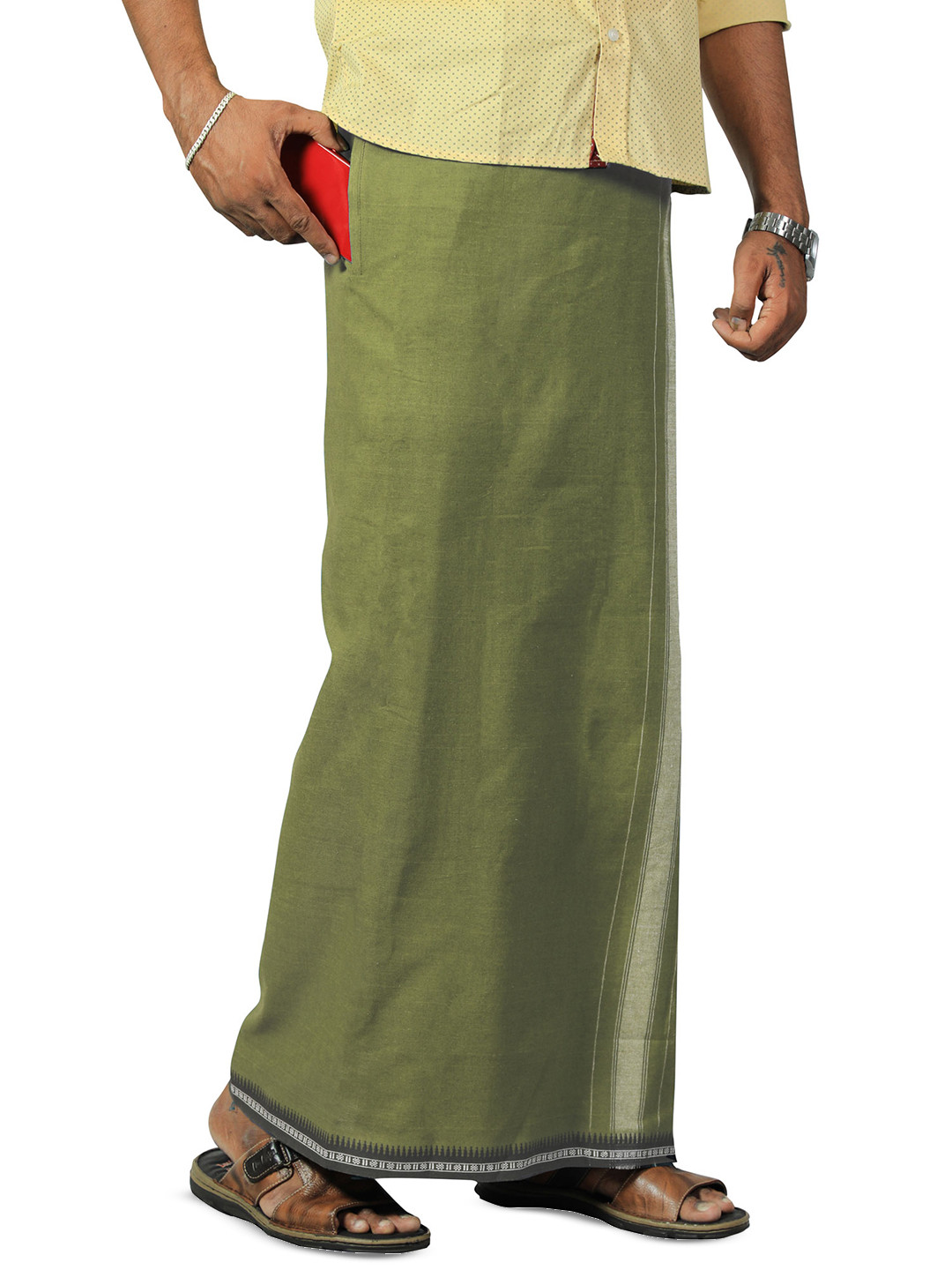 PRAKASAM COTTON Men Kerala Thalapathi Border Welcro Adjustable Pocket Cotton Dhoti