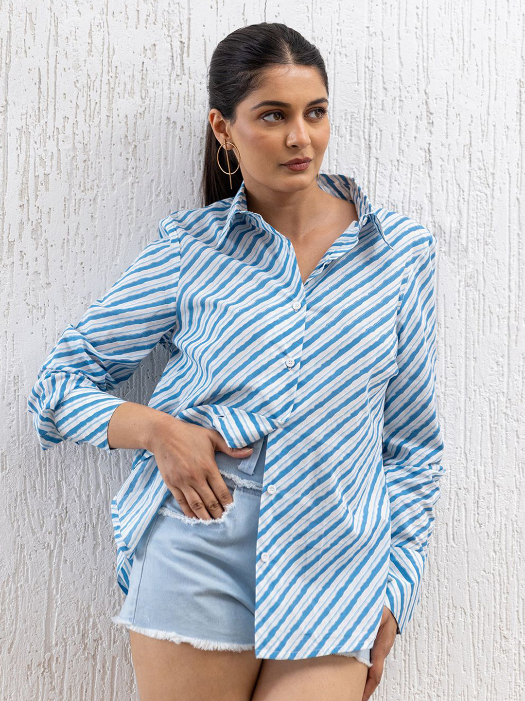 Polago Clothing Women Striped Roll-Up Sleeves Cotton Shirt Style Top