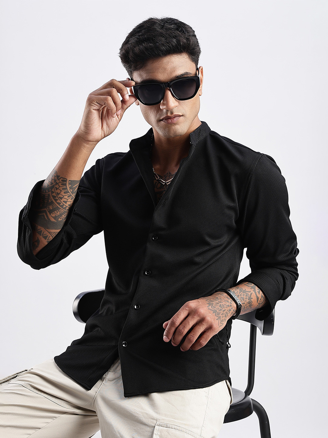 THE BEETEL HOUSE Men Waffle Dobby Regular Slim Fit Casual Shirt