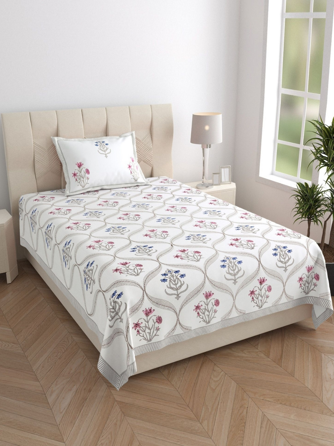 Texstylers White Floral Printed 210 TC Pure Cotton Single Bedsheet Set- 1.52 m X 2.29 m