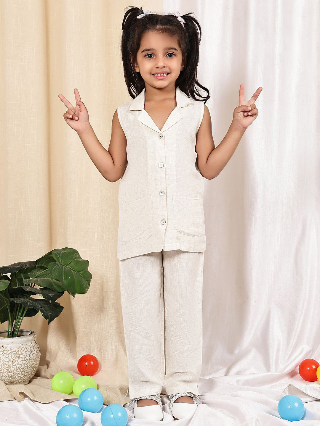 thkgrlz Girls Linen Shirt Collar Top With Trousers