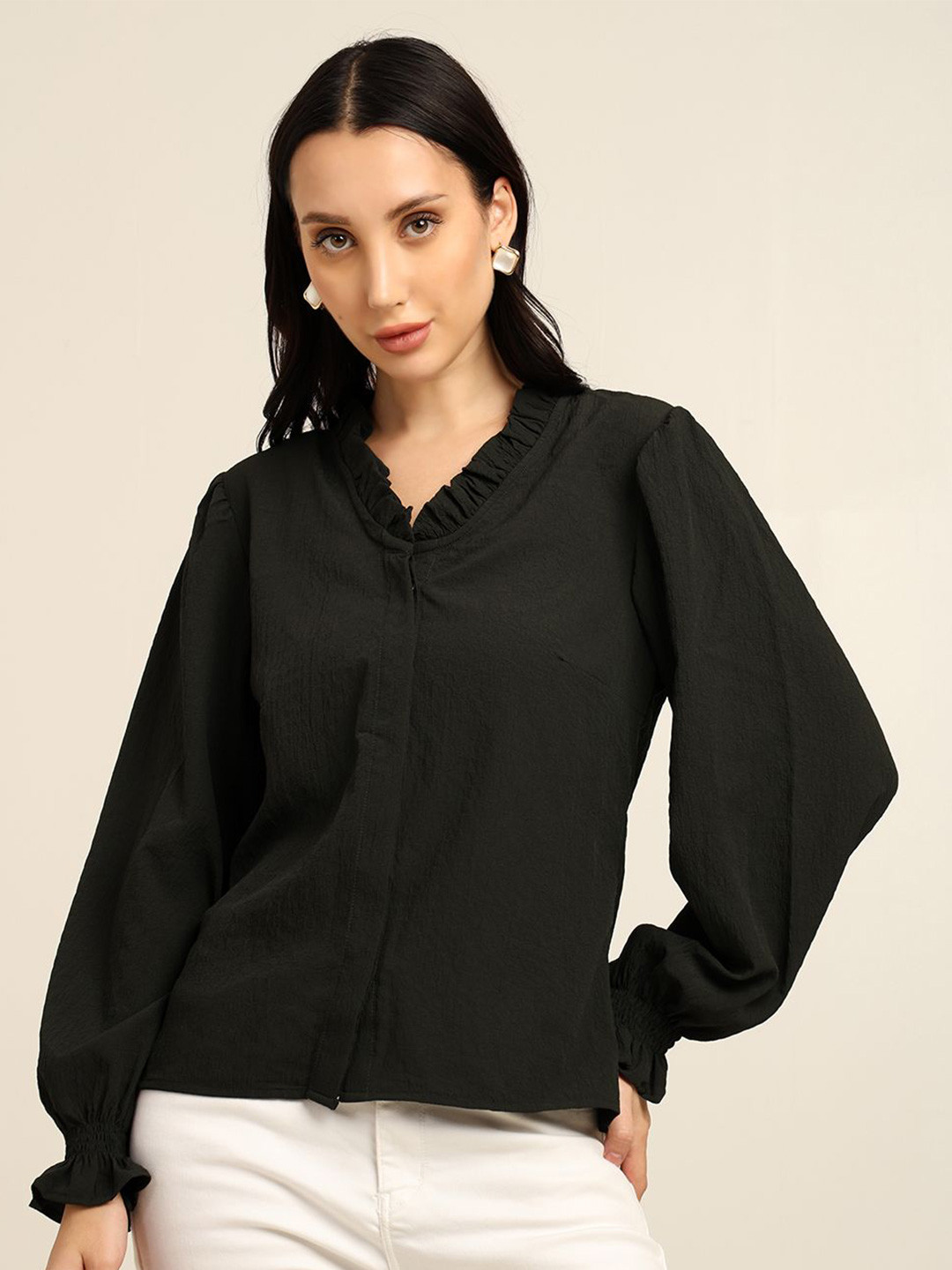 7OUNCE Women Balloon Sleeve Top With Ruffle Detail