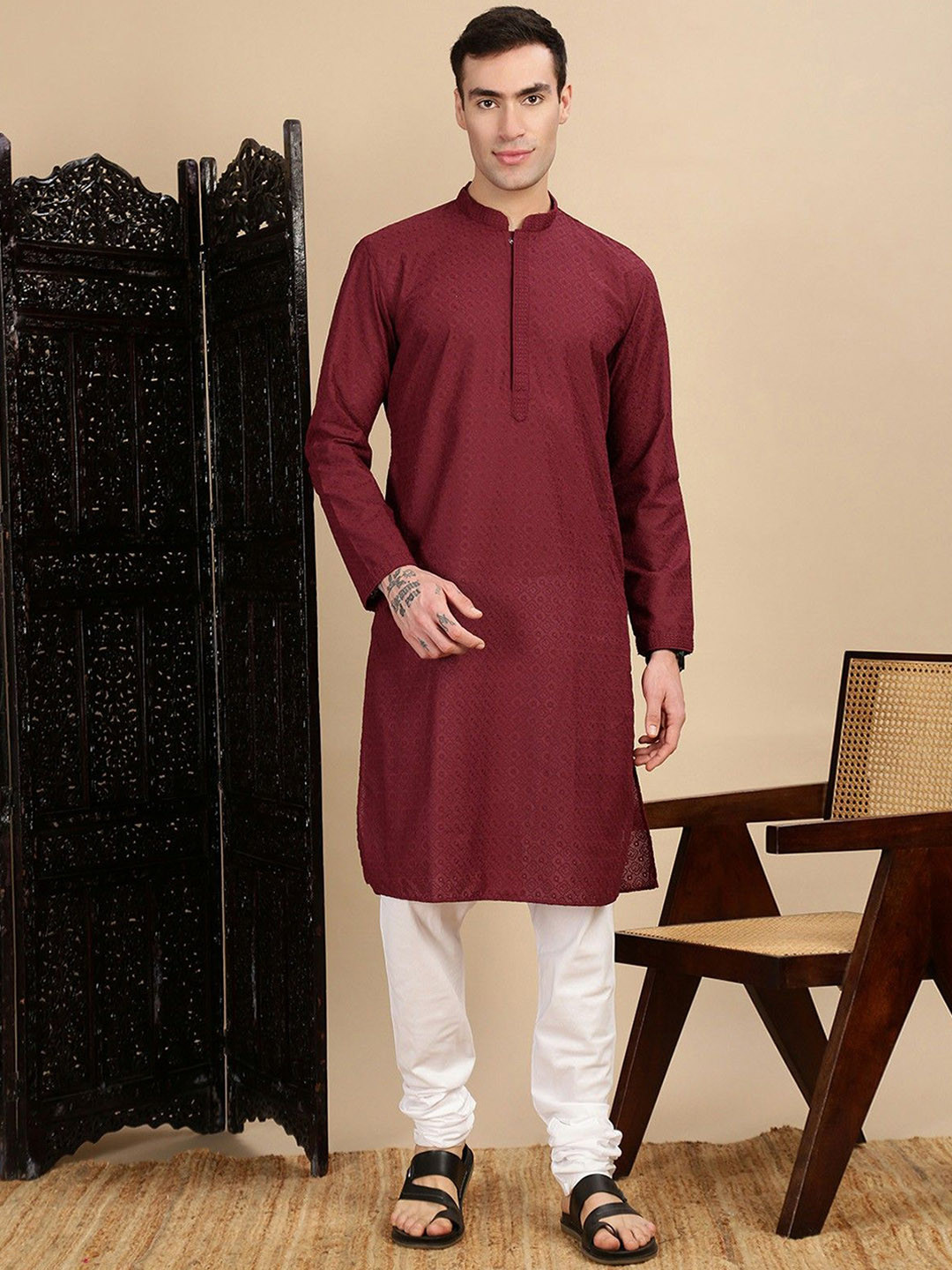 House of Pataudi Self Designed Straight Kurta With Churidar Kurta Set