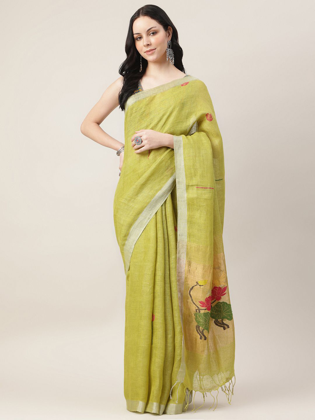SAREESHADOW Gulnaar Basant Pure Linen by Linen handwoven Meadows Saree