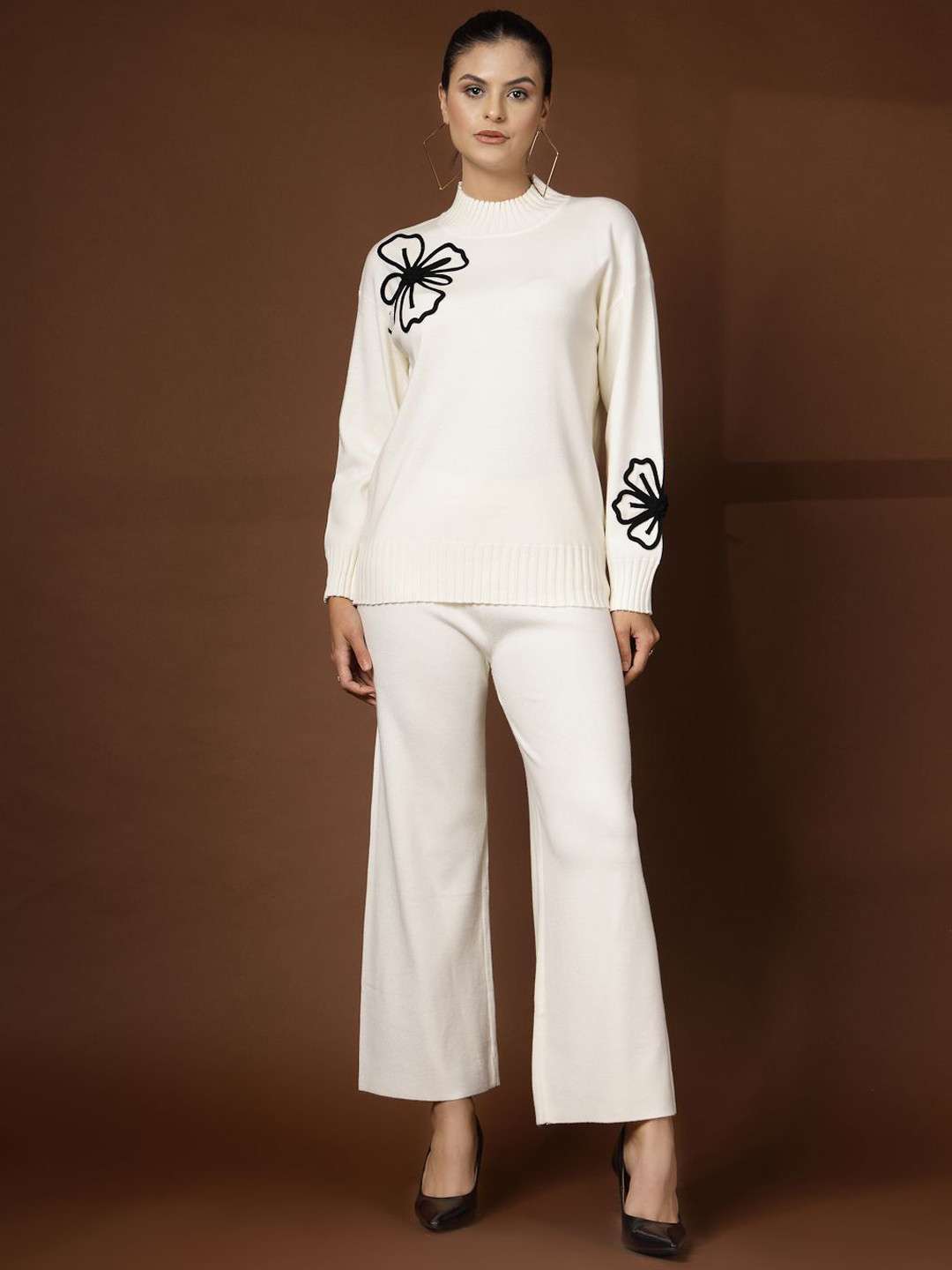 Mafadeny Women 2-Pcs Embroidered High Neck Sweater With Trousers Co-Ords