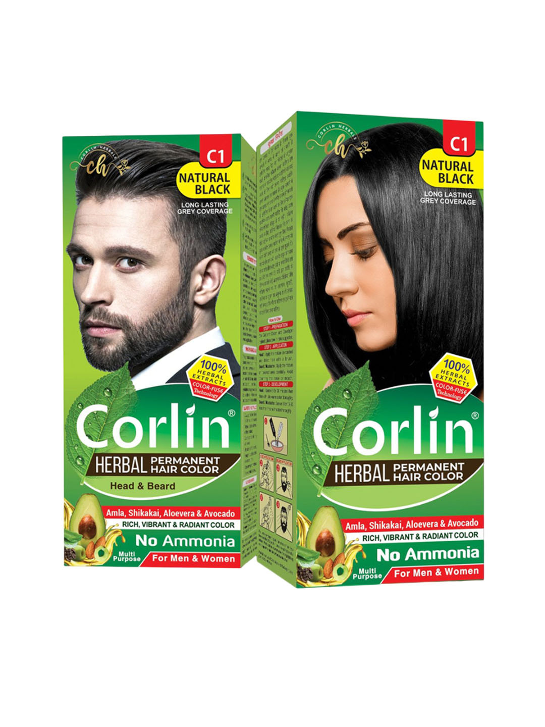 corlin Set Of 2 Herbal Permanent Hair Color Cream - 100 g Each - Natural Black