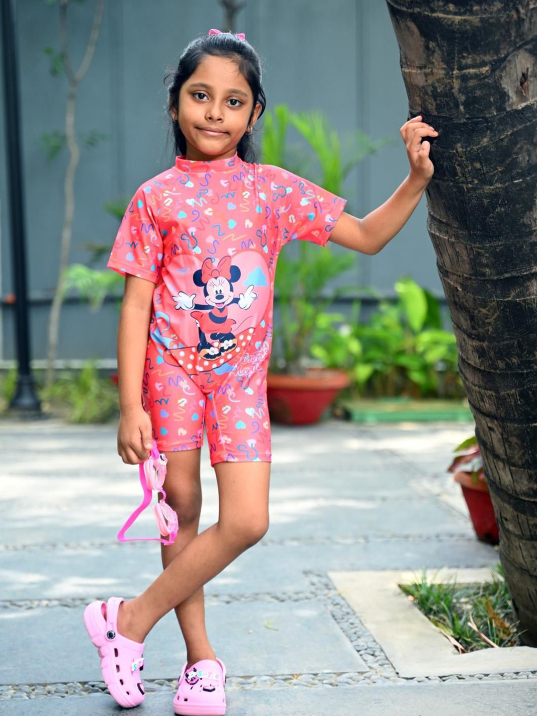 Yellow Bee Girls Printed Short Sleeves Medium Coverage Legsuits