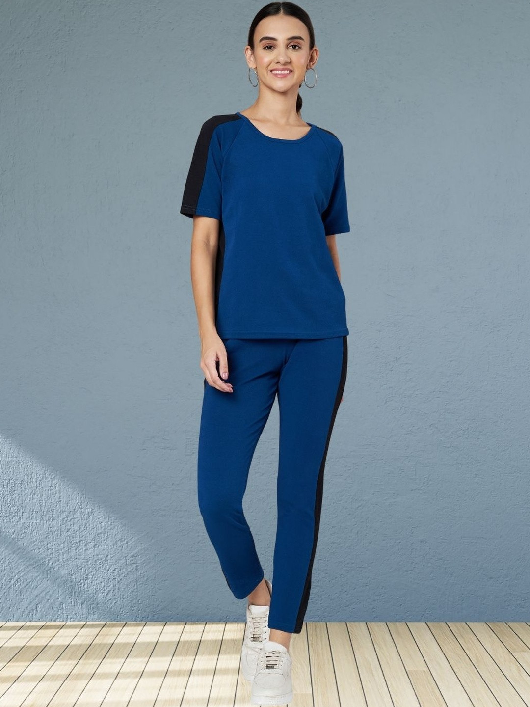 Moda Rapido Women Blue Cotton Lycra Blend Side Taped Track Suit