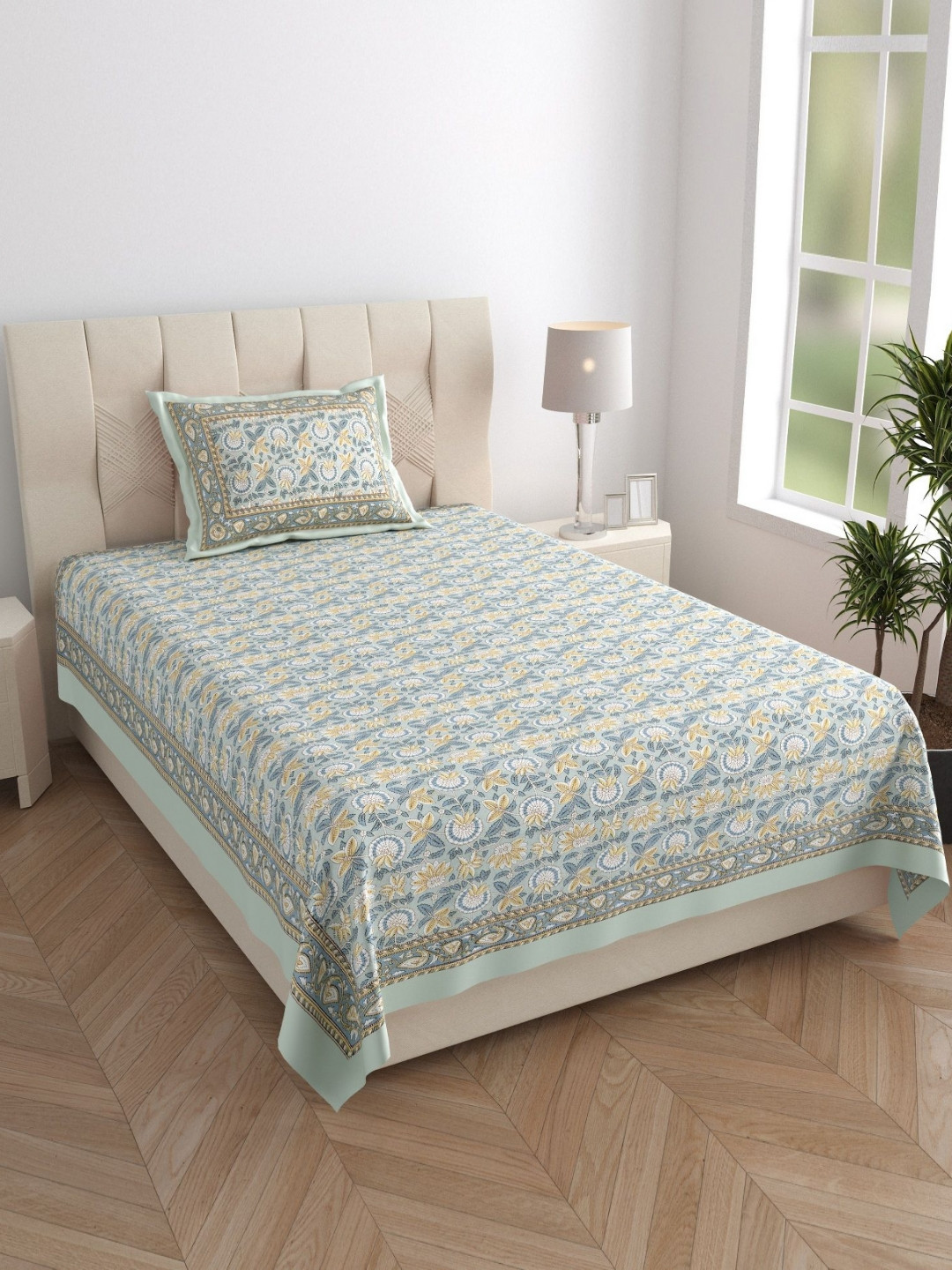 Texstylers Grey Floral Printed 210 TC Pure Cotton Single Bedsheet Set- 1.52 m X 2.29 m